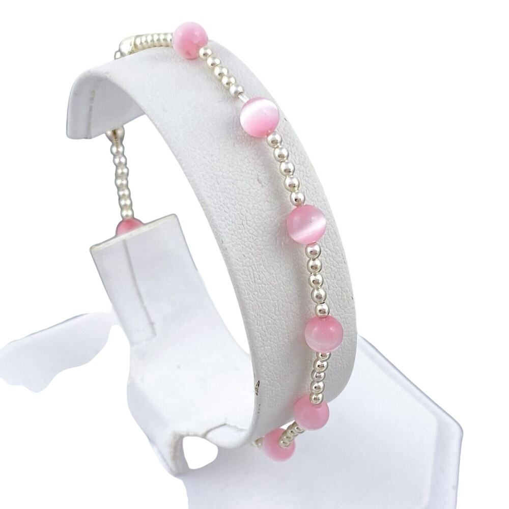 Pink Cat's Eye Beaded Bracelet | Vintage Jordan Sterling Silver 925 | 7.5"
